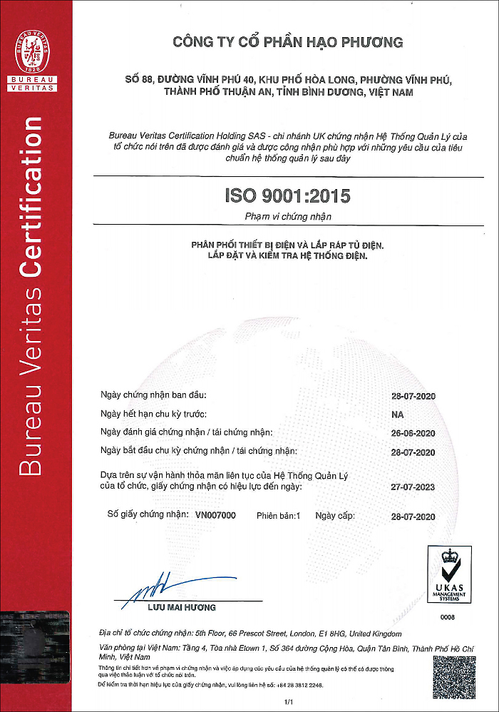 Hạo Phương đạt chứng nhận ISO 9001:2015 về hệ thống quản lý chất lượng
